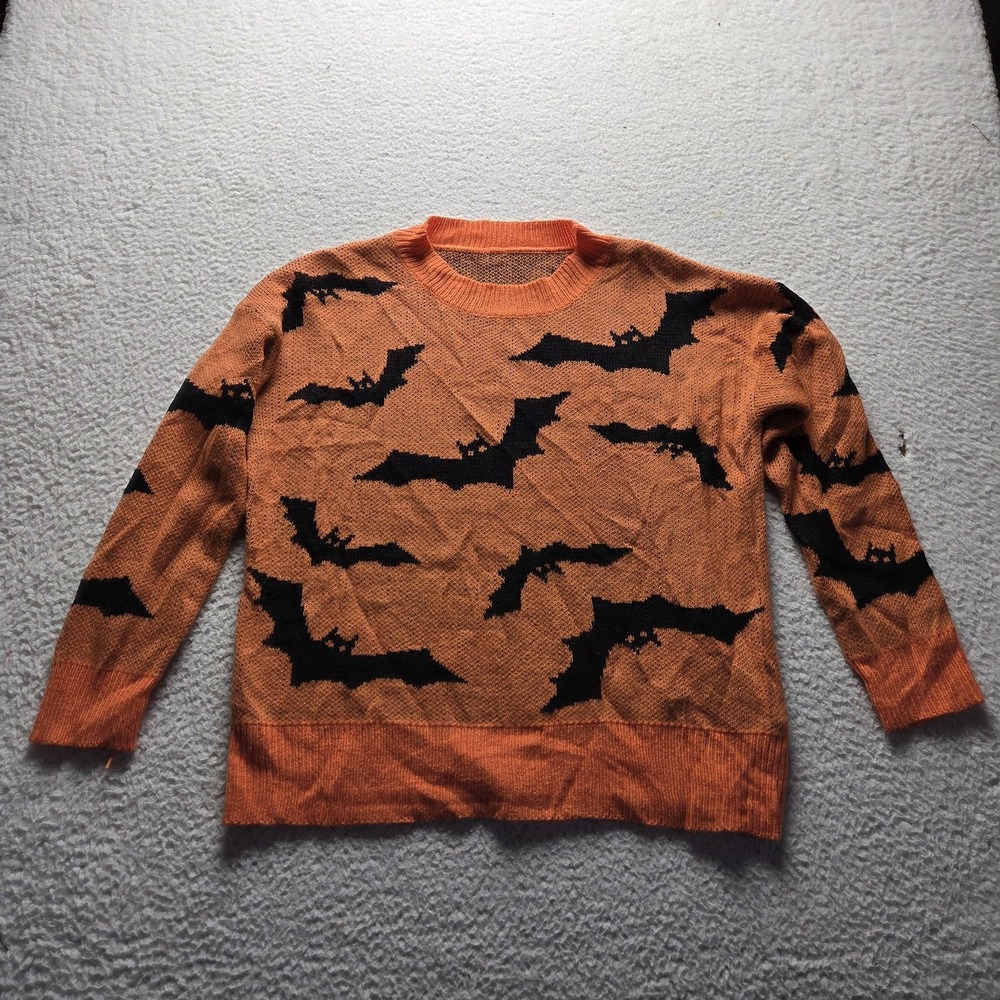 Sweater Womens Medium Orange Crew Neck Long Sleeve Bat Halloween Knit Pullover